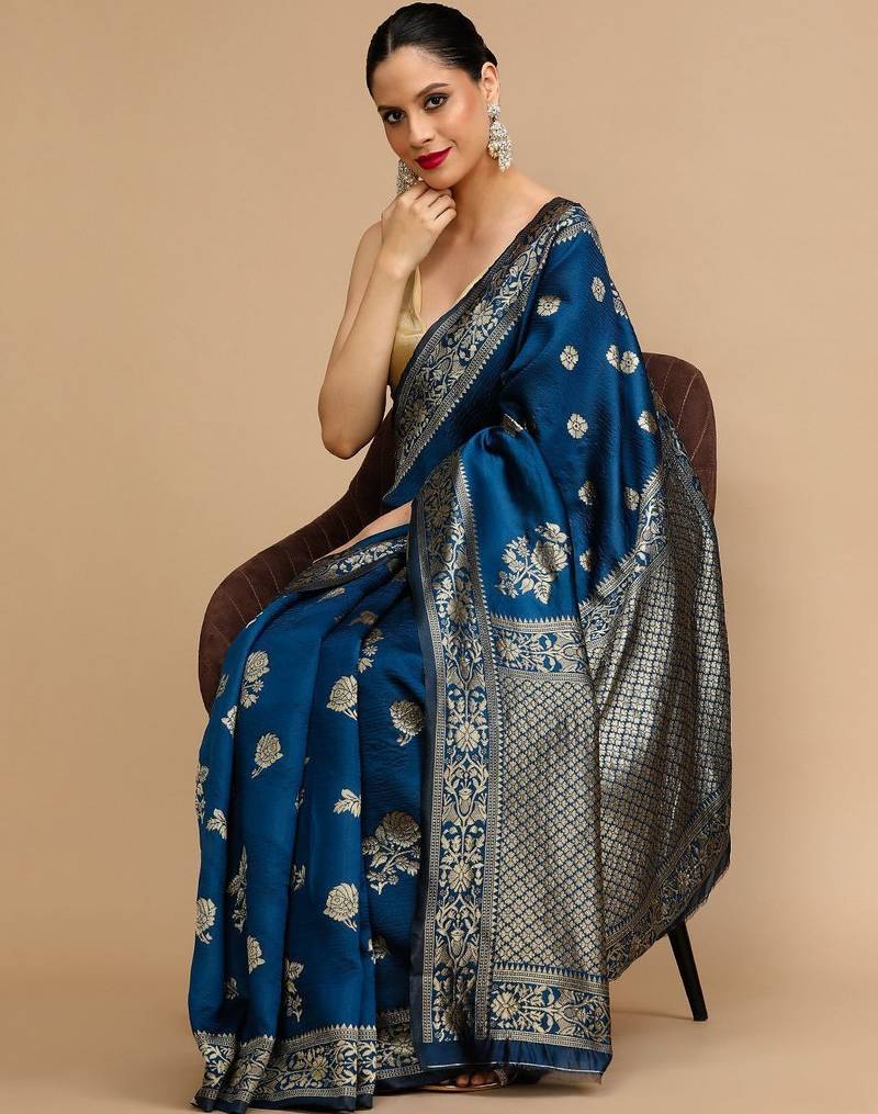 Blue woven design banarasi saree with unstitched blouse