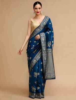 Blue woven design banarasi saree with unstitched blouse 2