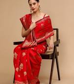 Red ethnic motifs banarasi saree with unstitched blouse