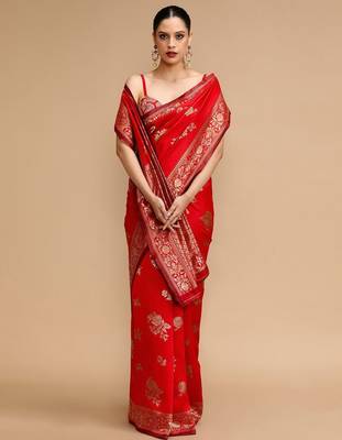 Red ethnic motifs banarasi saree with unstitched blouse 2
