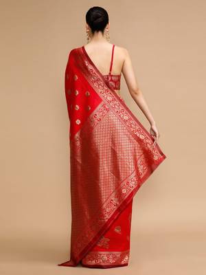 Red ethnic motifs banarasi saree with unstitched blouse 5