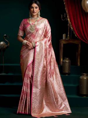 Pink woven design zari art silk banarasi saree 1