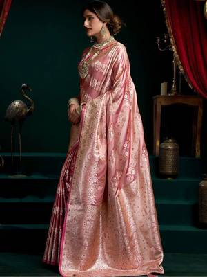 Pink woven design zari art silk banarasi saree 3