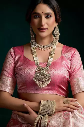 Pink woven design zari art silk banarasi saree