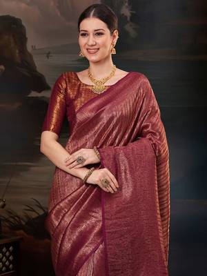 Maroon ethnic motifs zari silk blend designer kanjeevaram saree 1