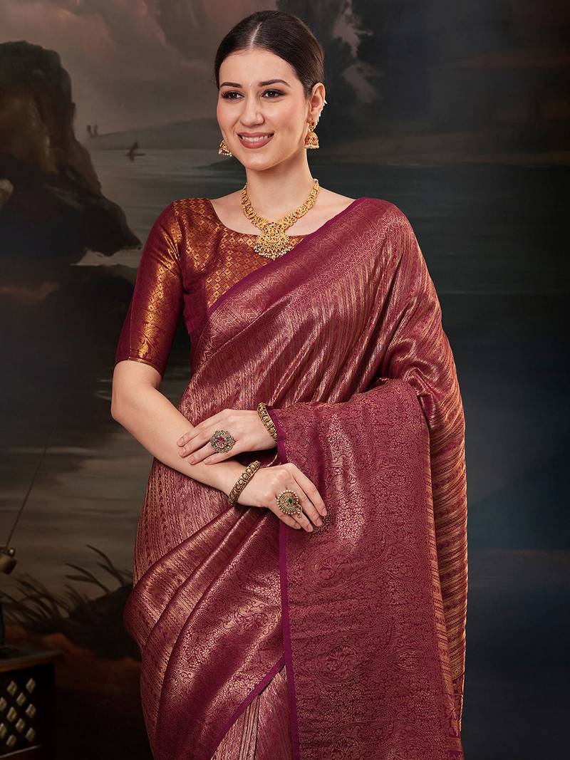 Maroon ethnic motifs zari silk blend designer kanjeevaram saree