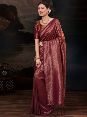 Maroon ethnic motifs zari silk blend designer kanjeevaram saree 2