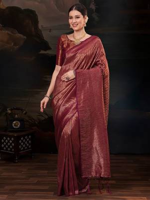 Maroon ethnic motifs zari silk blend designer kanjeevaram saree 4