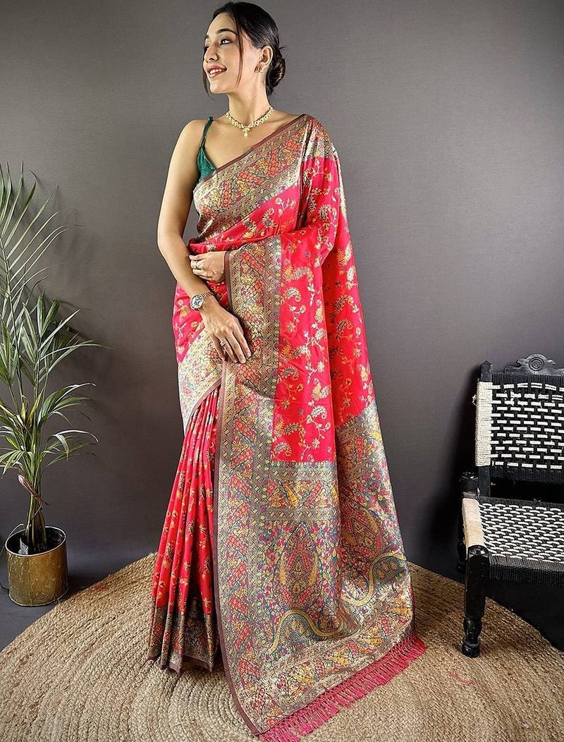 Red classic indian silk rich woven pallu design sarees