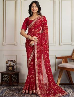 Red bandhani printed embroidered saree with unstitched blouse 1