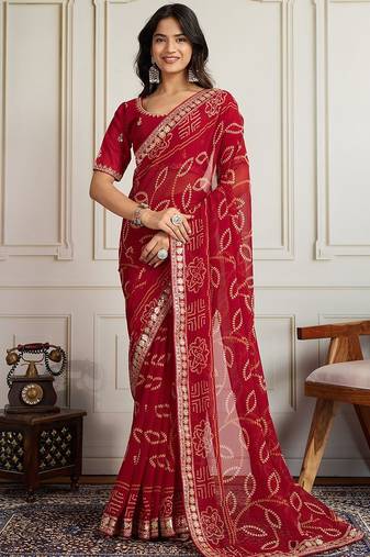 Red bandhani printed embroidered saree with unstitched blouse