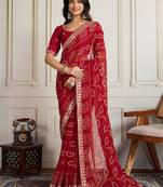 Red bandhani printed embroidered saree with unstitched blouse
