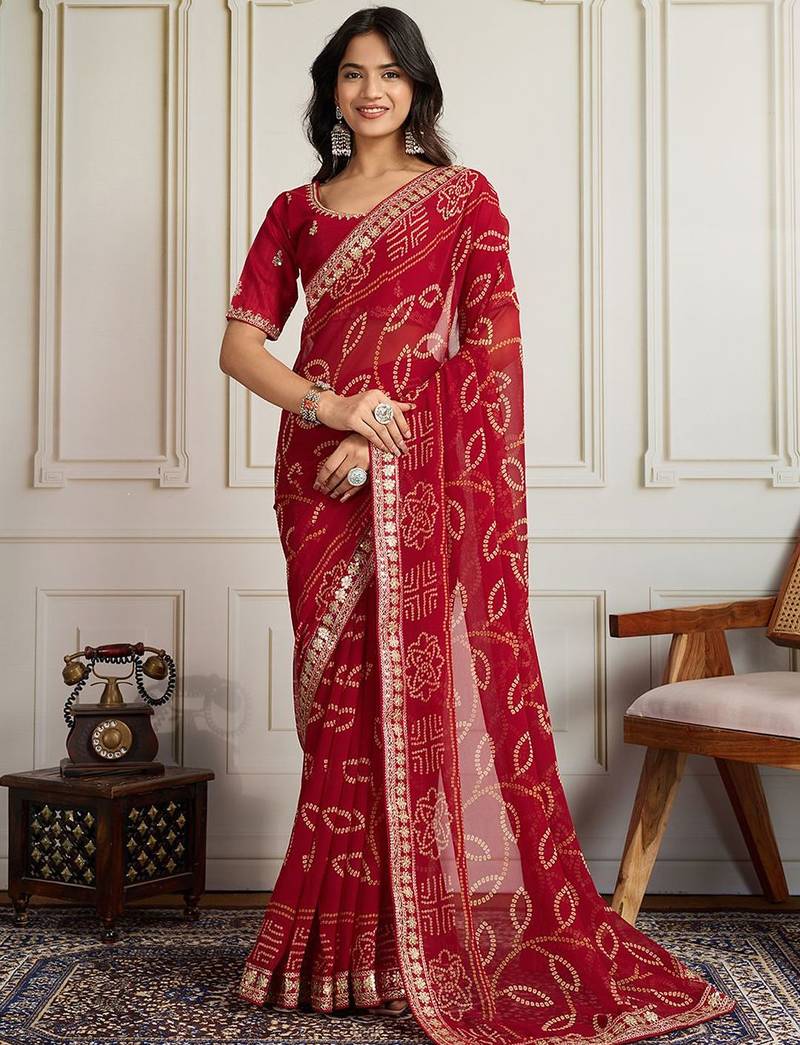 Red bandhani printed embroidered saree with unstitched blouse