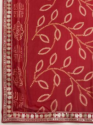 Red bandhani printed embroidered saree with unstitched blouse 3