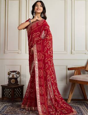 Red bandhani printed embroidered saree with unstitched blouse 4