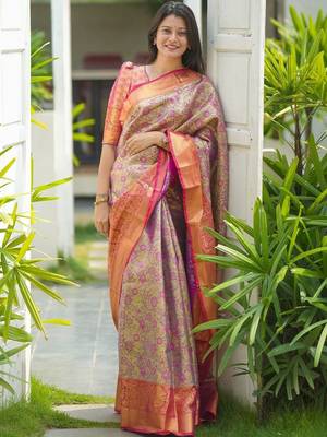 Pink classic indian silk rich woven pallu design sarees 1