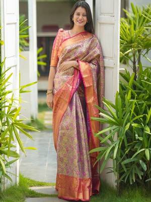 Pink classic indian silk rich woven pallu design sarees 3