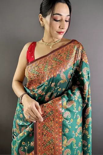 Green classic indian silk rich woven pallu design sarees