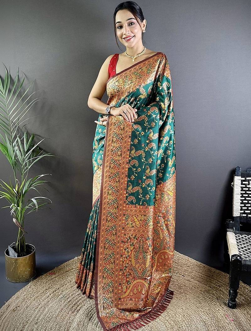 Green classic indian silk rich woven pallu design sarees