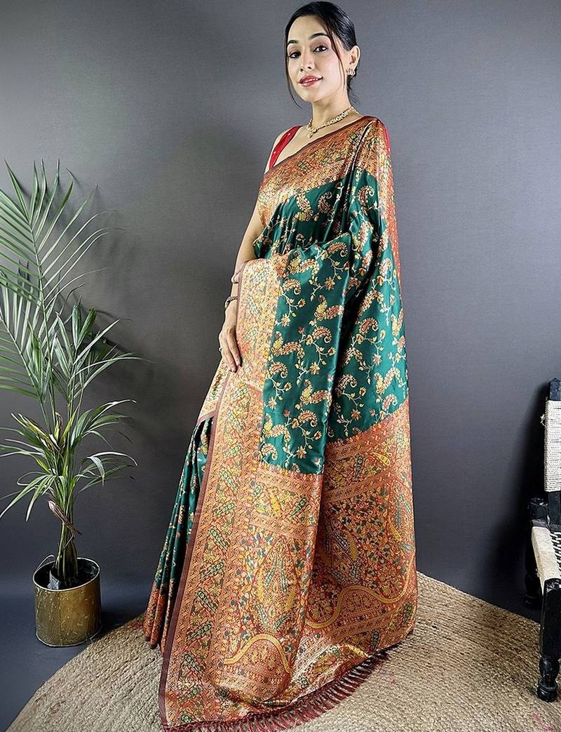 Green classic indian silk rich woven pallu design sarees