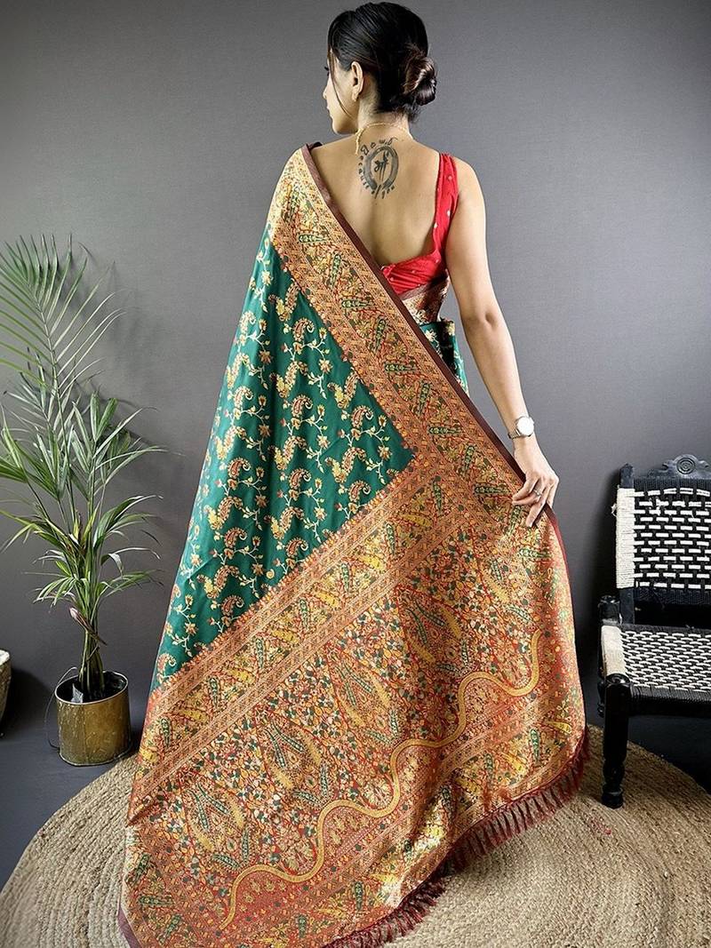 Green classic indian silk rich woven pallu design sarees