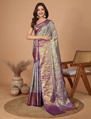 Violet zari woven design saree with unstitched blouse 1