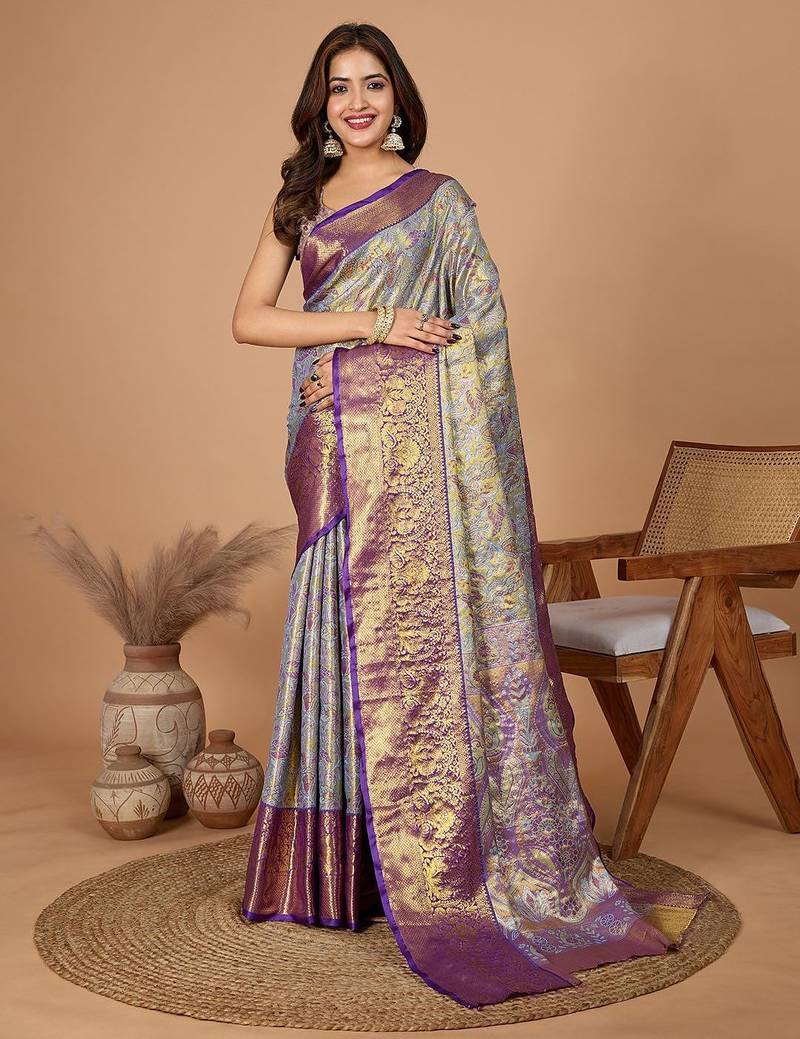 Violet zari woven design saree with unstitched blouse
