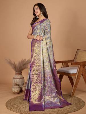 Violet zari woven design saree with unstitched blouse 2