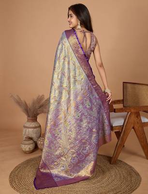 Violet zari woven design saree with unstitched blouse 3