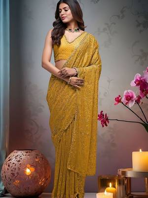 Yellow embroidered embellished saree with unstitched blouse piece 1