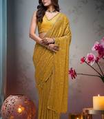 Yellow embroidered embellished saree with unstitched blouse piece
