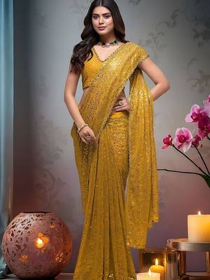 Yellow embroidered embellished saree with unstitched blouse piece 3