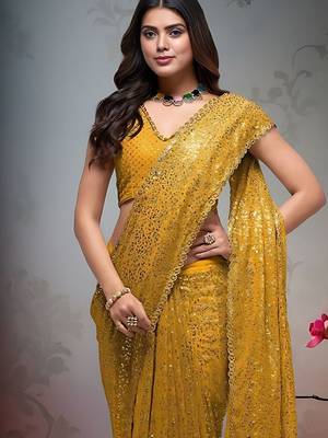 Yellow embroidered embellished saree with unstitched blouse piece 4