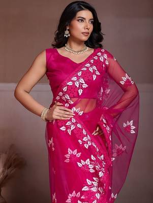 Pink embroidered saree with unstitched blouse 1