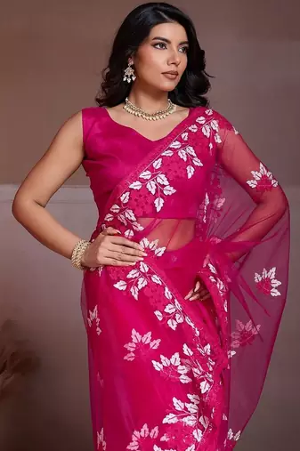 Pink embroidered saree with unstitched blouse