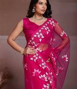 Pink embroidered saree with unstitched blouse