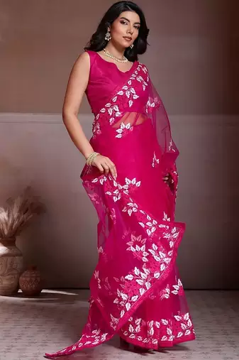 Pink embroidered saree with unstitched blouse