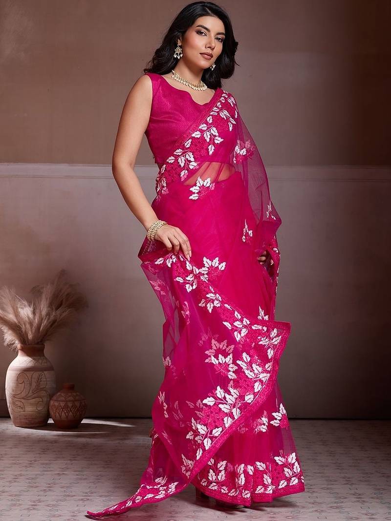 Pink embroidered saree with unstitched blouse