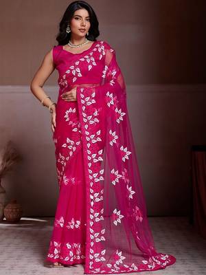 Pink embroidered saree with unstitched blouse 3
