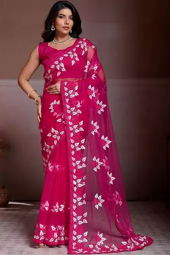 Pink embroidered saree with unstitched blouse