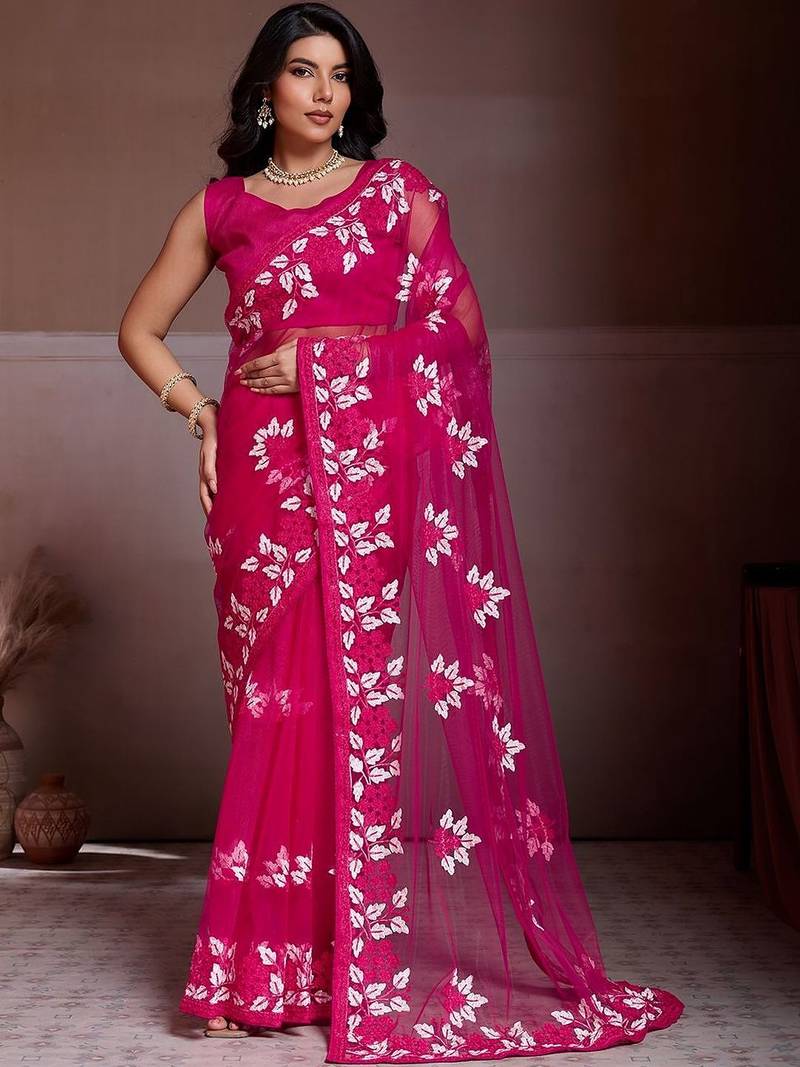 Pink embroidered saree with unstitched blouse