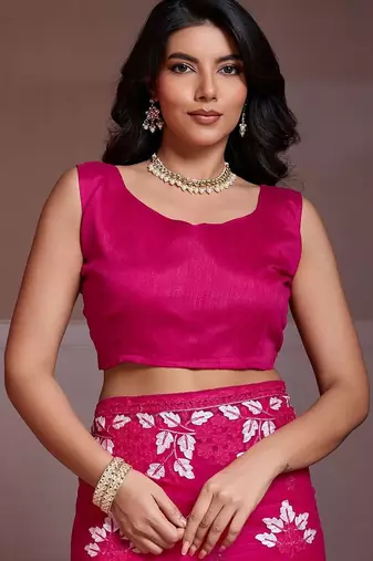 Pink embroidered saree with unstitched blouse