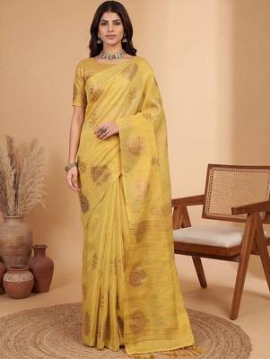Yellow ethnic motifs linen blend handloom banarasi saree 1