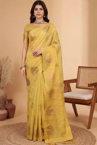 Yellow ethnic motifs linen blend handloom banarasi saree