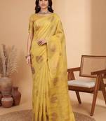 Yellow ethnic motifs linen blend handloom banarasi saree