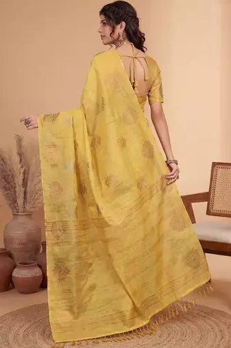 Yellow ethnic motifs linen blend handloom banarasi saree