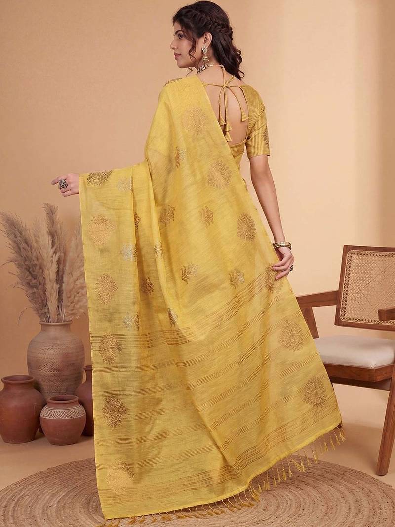 Yellow ethnic motifs linen blend handloom banarasi saree