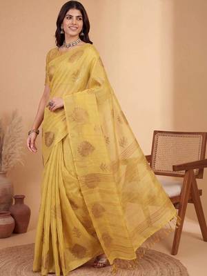 Yellow ethnic motifs linen blend handloom banarasi saree 3