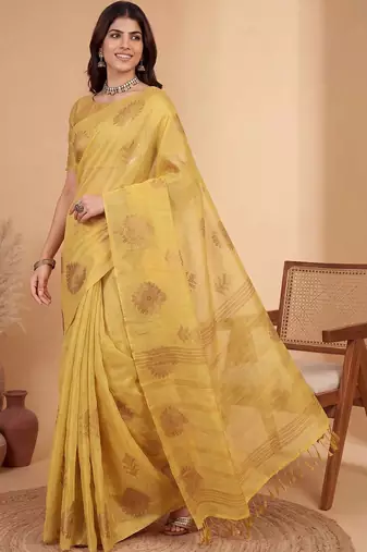 Yellow ethnic motifs linen blend handloom banarasi saree