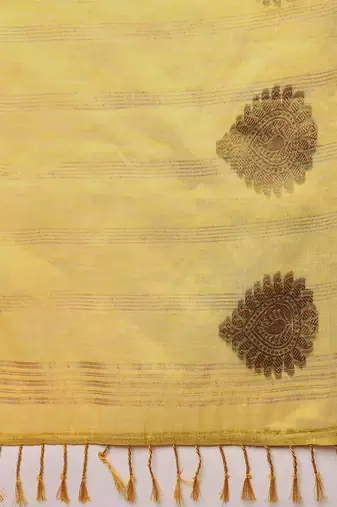 Yellow ethnic motifs linen blend handloom banarasi saree